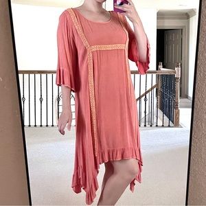 Easel Rose Medium Crochet Lace Midi Dress Sharkbite Hem Ruffle Sleeves Pink